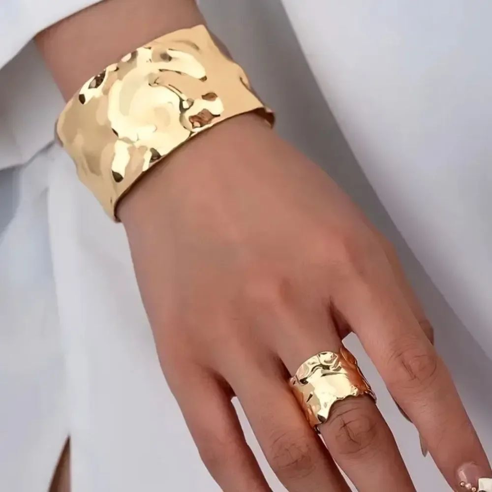 Metallic Gold Bangle Bracelet Matching Ring Set